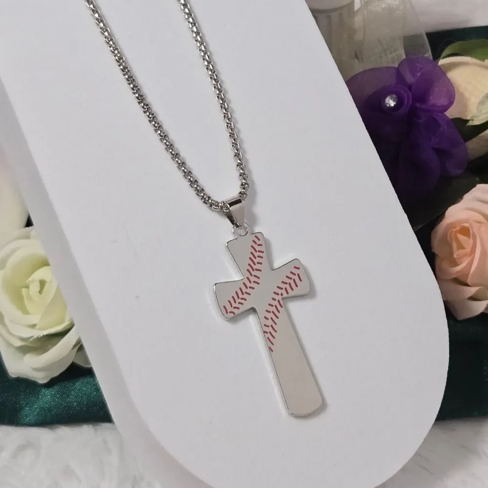 Baseball Cross Necklace Philippians 4:13 Stainless Steel 24